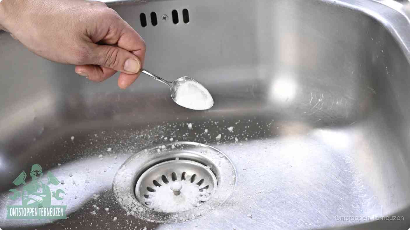 Een hand strooit met een lepel soda in de afvoer van een roestvrijstalen spoelbak, de soda en azijn huismiddel-methode om de afvoer te ontstoppen in Terneuzen
