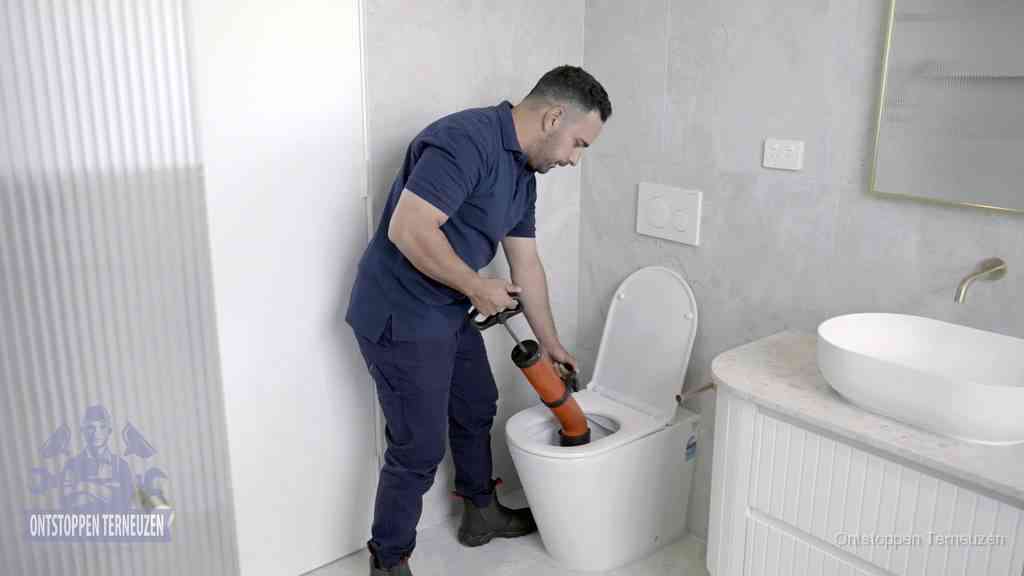 Een monteur buigt over een wandcloset en duwt met de hand een persluchtontstopper in de toiletpot om de verstopping handmatig los te maken in Terneuzen Een monteur buigt over een wandcloset en duwt met de hand een persluchtontstopper in de toiletpot om de verstopping handmatig los te maken in Terneuzen