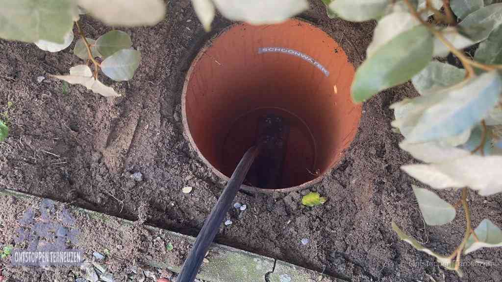 Open inspectieput in de tuin waar een veer rioolvliegjes en stankoverlast aanpakt in Terneuzen Open inspectieput in de tuin waar een veer rioolvliegjes en stankoverlast aanpakt in Terneuzen