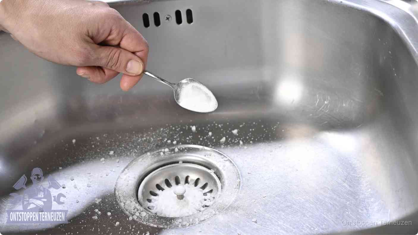 Een hand strooit met een lepel soda in een afvoerputje, de soda en azijn huismiddel-methode om de wc te ontstoppen in Terneuzen Een hand strooit met een lepel soda in een afvoerputje, de soda en azijn huismiddel-methode om de wc te ontstoppen in Terneuzen